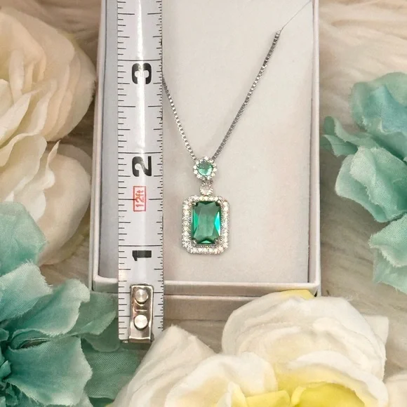 Octagon Emerald Green Emerald Cut Gemstone Necklace W/ Micro Pave Diamonds NEW! - Picture 2 of 4